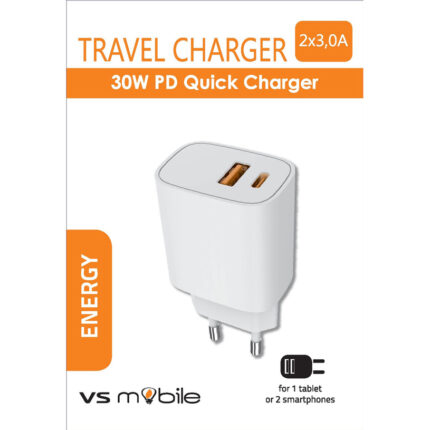 Бързо зарядно устройство VS Mobile - 100-240V 1xUSB-A 3.0A+1xUSB Type-C 3.0A 30 W PD /TC30WPDBK/ бяло