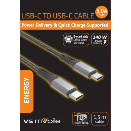 Кабел VS Mobile , за зареждане Power Delivery (PD) - USB-C към USB-C 5A 140W, 480Mbps, E-Marker чип, дължина 1.5м /W5A140WPDBK/ черен