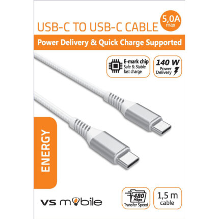 Кабел VS Mobile , за зареждане Power Delivery (PD) - USB-C към USB-C 5A 140W, 480Mbps, E-Marker чип, дължина 1.5м /W5A140WPDWH/ бял