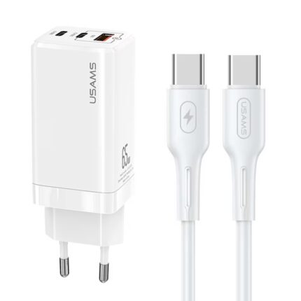 Зарядно от USAMS MT, 2xUSB-C ,USB, GaN, 65W T33, PD, с кабел, USB-C-USB-C, 100W, Fast Charging, бял