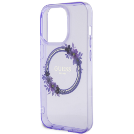 Калъф от Guess PC/TPU Flowers Ring Glossy Logo MagSafe Case за iPhone 15 Pro Purple