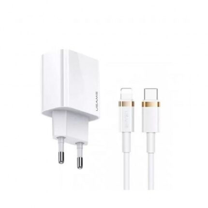 Зарядно Устройство USAMS T49OCLN01 T34, 1xUSB-C, 20W, 5V-3A, PD3.0, с U63 кабел, USB-C/Lightning, 20W, Бял