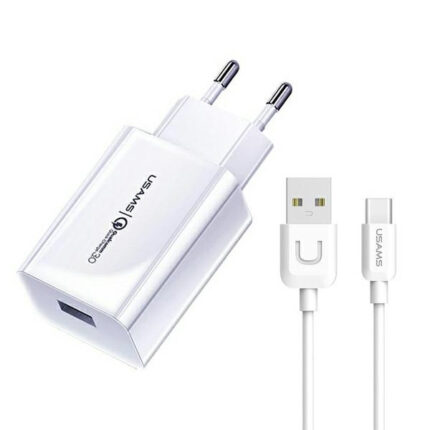 Зарядно USAMS T48OCLN01 T22 мрежово зарядно, 1xUSB, 18W, 3A, QC3.0, с USB-C кабел, 1m, Бял