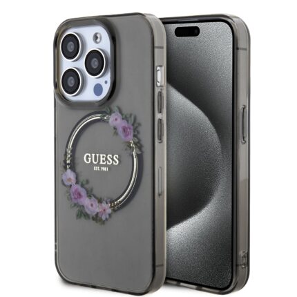 Калъф от Guess PC/TPU Flowers Ring Glossy Logo MagSafe Case за iPhone 15 Pro Black