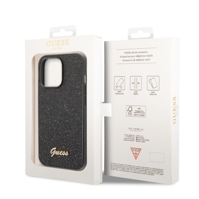 Калъф от Guess PCTPU Glitter Flakes Metal Logo Case за iPhone 14 Pro Max Black - Image 6