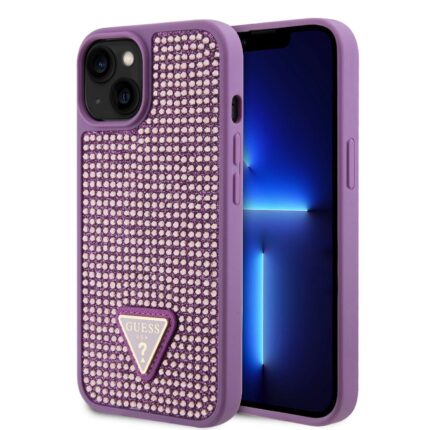 Калъф от Guess Rhinestones Triangle Metal Logo Kryt pro за iPhone 15 Purple
