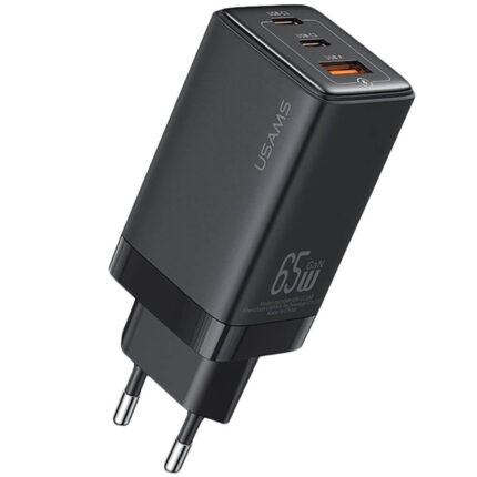 Зарядно от  USAMS US-CC180 Sandru Series 2xUSB-C+1xUSB-A GaN PD QC 65W black wall charger