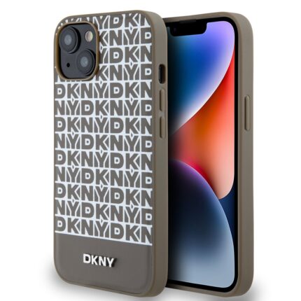 Калъф от 
DKNY PU Leather Repeat Pattern Bottom Stripe MagSafe Case за iPhone 13 Brown