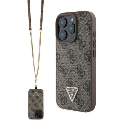 Калъф от Guess PU 4G Strass Triangle Metal Logo Case + Crossbody Strap за iPhone 16 Pro Max Brown