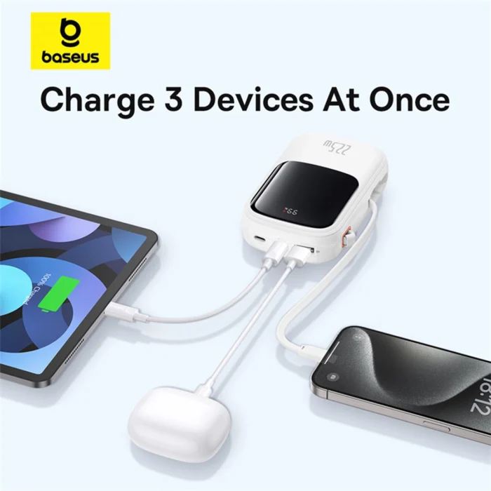 Външна Батерия Baseus Qpow Pro+ 20000mAh
22.5W powerbank with built-in
USB-C cable and display - white - Image 11