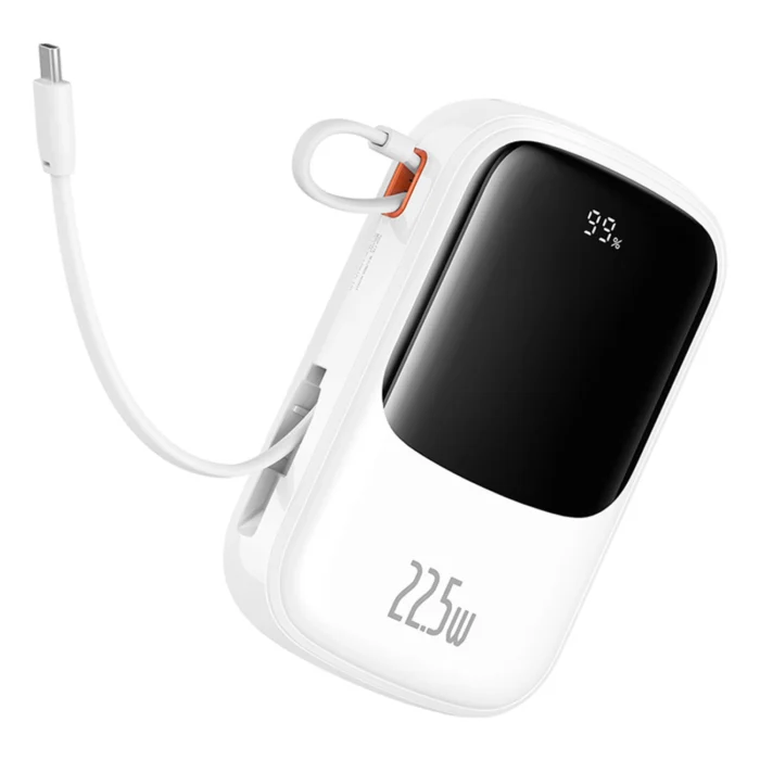 Външна Батерия Baseus Qpow Pro+ 20000mAh
22.5W powerbank with built-in
USB-C cable and display - white - Image 6