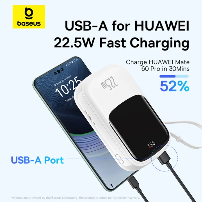 Външна Батерия Baseus Qpow Pro+ 20000mAh
22.5W powerbank with built-in
USB-C cable and display - white - Image 9