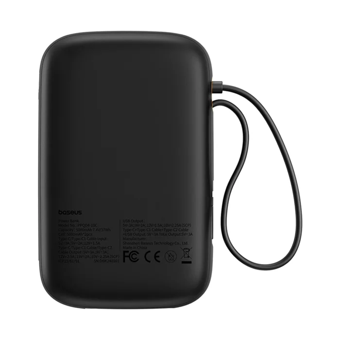 Външна Батерия от Baseus QPow 2
30W 10000mAh Power Bank with
 Built-in USB-C Cables - Black - Image 2