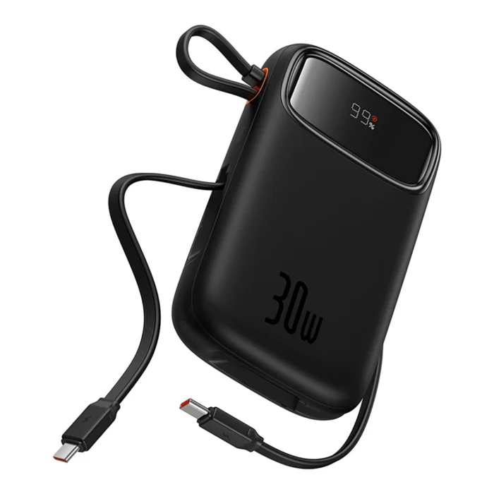Външна Батерия от Baseus QPow 2
30W 10000mAh Power Bank with
 Built-in USB-C Cables - Black - Image 4