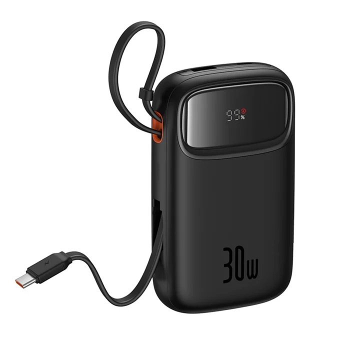 Външна Батерия от Baseus QPow 2
30W 10000mAh Power Bank with
 Built-in USB-C Cables - Black - Image 5