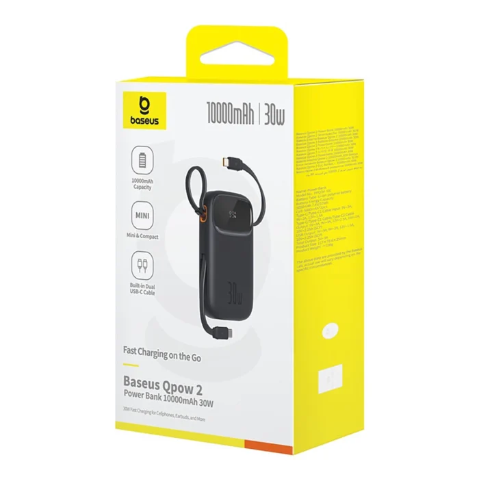 Външна Батерия от Baseus QPow 2
30W 10000mAh Power Bank with
 Built-in USB-C Cables - Black - Image 7