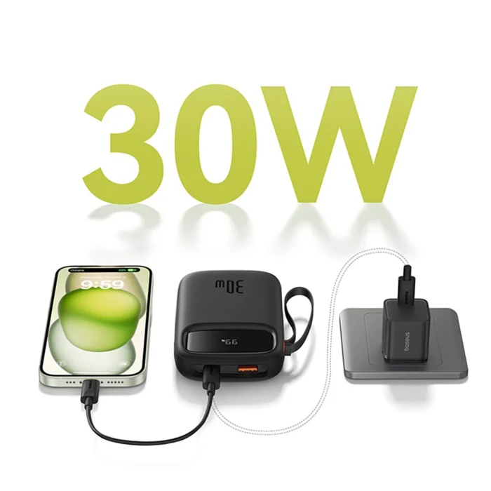 Външна Батерия от Baseus QPow 2
30W 10000mAh Power Bank with
 Built-in USB-C Cables - Black - Image 8