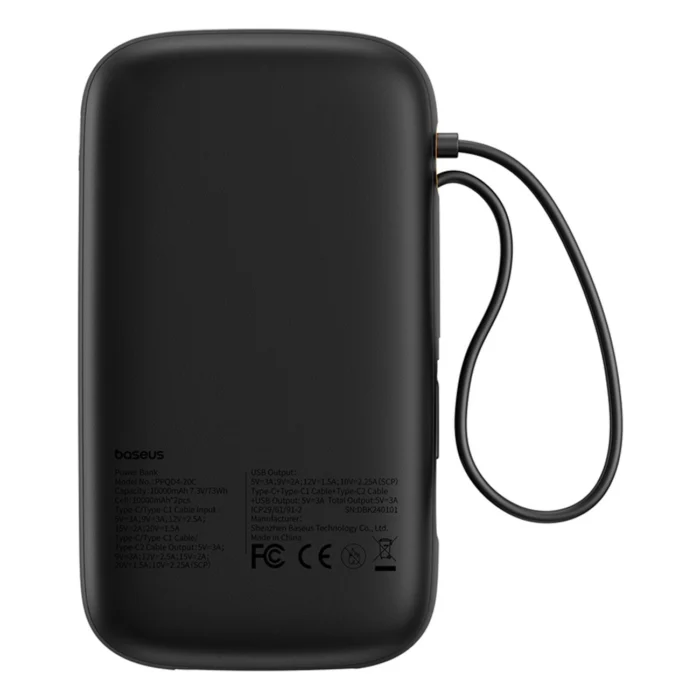 Външна Батерия Baseus QPow 2
20000mAh 30W Power Bank with 2
Built-in USB-C Cables - Black - Image 2