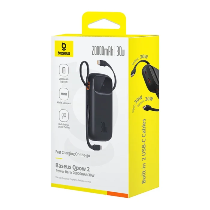 Външна Батерия Baseus QPow 2
20000mAh 30W Power Bank with 2
Built-in USB-C Cables - Black - Image 7