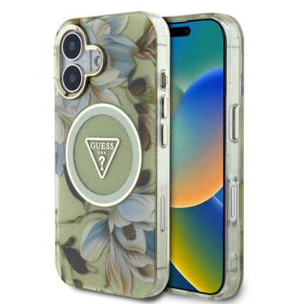 Калъф от Guess IML Glitter Magnolia and Triangle Logo MagSafe Case for iPhone 16 Gray