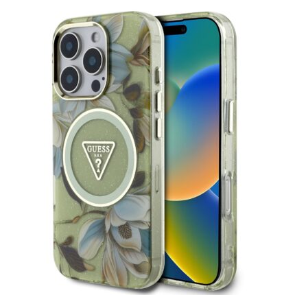 Калъф от Guess IML Glitter Magnolia and Triangle Logo MagSafe Case for iPhone 16 Pro Green