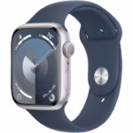 APPLE Watch SERIES 9 GPS + Cellular, 41mm Silver Aluminium Case with Storm Blue Sport Band - S/M