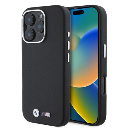 Калъф BMW M PU Kevlar Metal Logo за iPhone 16 Pro Black