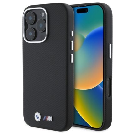 Калъф BMW M PU Kevlar Metal Logo за iPhone 16 Pro Max Black