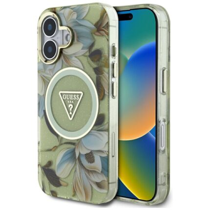 Калъф от Guess IML Glitter Magnolia and Triangle Logo MagSafe Case for iPhone 16 Gray