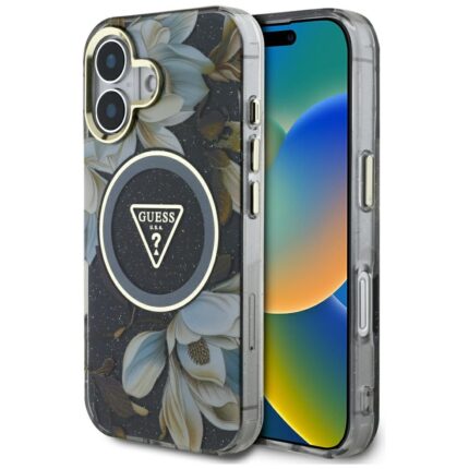 Калъф от Guess IML Glitter Magnolia and Triangle Logo MagSafe Case for iPhone 16 Black