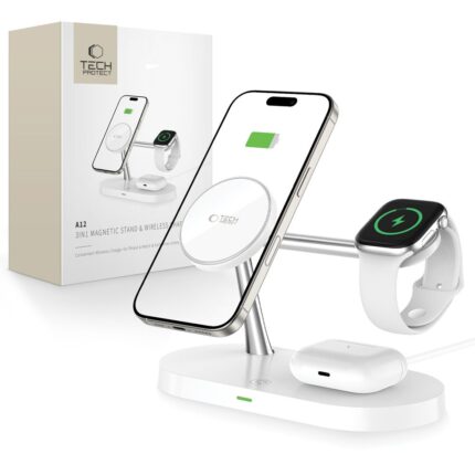 Зарядна станция от Tech-Protect A12 3in1 MagSafe Inductive Charger for Smartphone/Headphones/Smartwatch - White