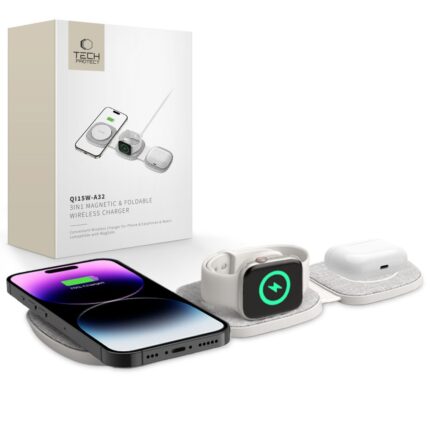 Зарядно от Tech-Protect QI15W-A32 3-in-1 Inductive Charger with MagSafe for Smartphone / Apple Watch / AirPods - Gray
