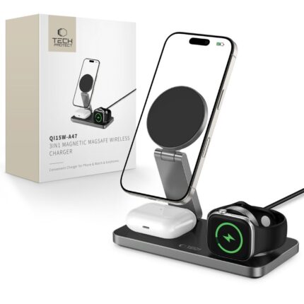 Станция за зареждане Tech-Protect QI15W-A47 MagSafe 3in1 Inductive Charger + USB-C Cable - Black
