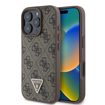 Калъф от Guess PU 4G Strass Triangle Metal Logo Case за iPhone 16 Pro Brown