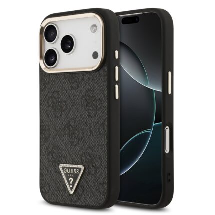 Калъф от Guess PU Leather 4G Strass Triangle Logo Gold Frame MagSafe Case for iPhone 17 Pro Black