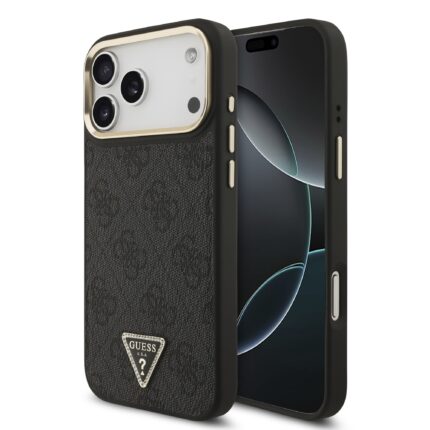 Калъф от 
Guess PU Leather 4G Strass Triangle Logo Gold Frame MagSafe Case for iPhone 17 Pro Max Black