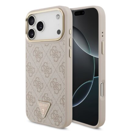 Калъф от 
Guess PU Leather 4G Strass Triangle Logo Gold Frame MagSafe Case за iPhone 17 Pro Max Pink