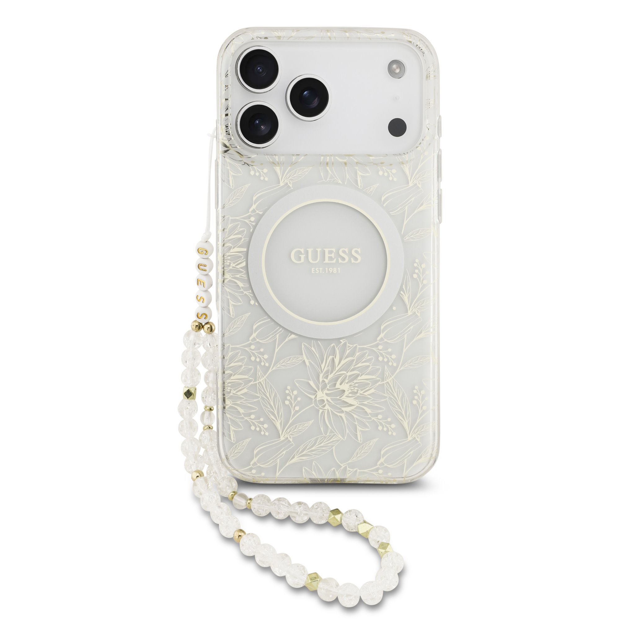 guess-iml-flowers-allover-strap-magsafe-zadni-kryt-pro-iphone-17-pro-max-white_ie14413281.jpg Калъф от Guess IML Flowers Allover Strap MagSafe Case for iPhone 17 Pro Max White - Image 1